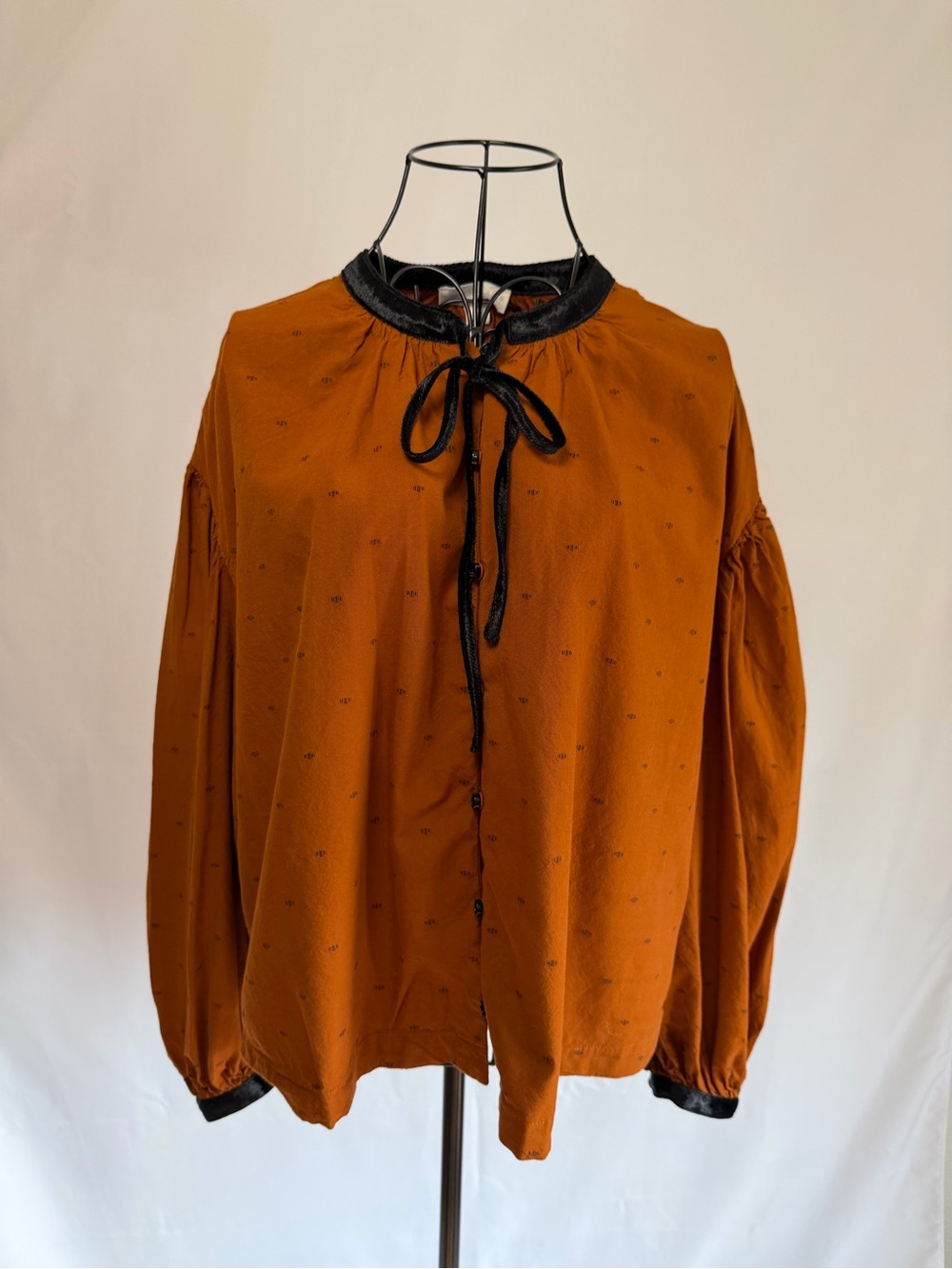 Treasure & Bond Burnt Orange Tie-Neck Blouse with Black Trim
